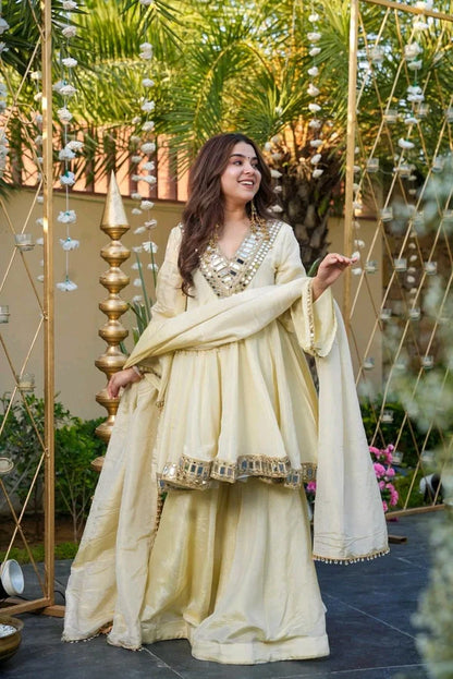 Ivory Mirror-Work Anarkali Sharara Set with Dupatta