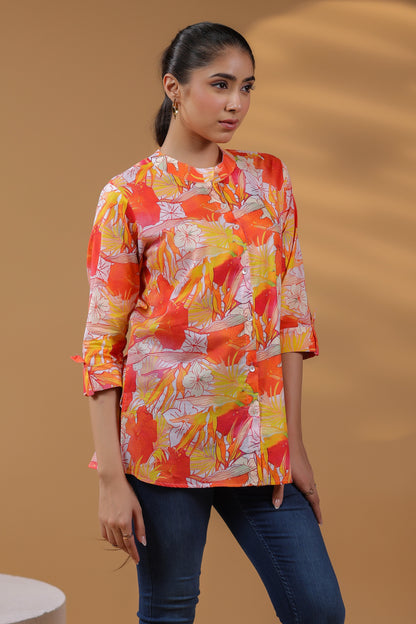 Women Floral Printed Mandarin Collar Cotton Top
