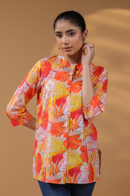 Women Floral Printed Mandarin Collar Cotton Top