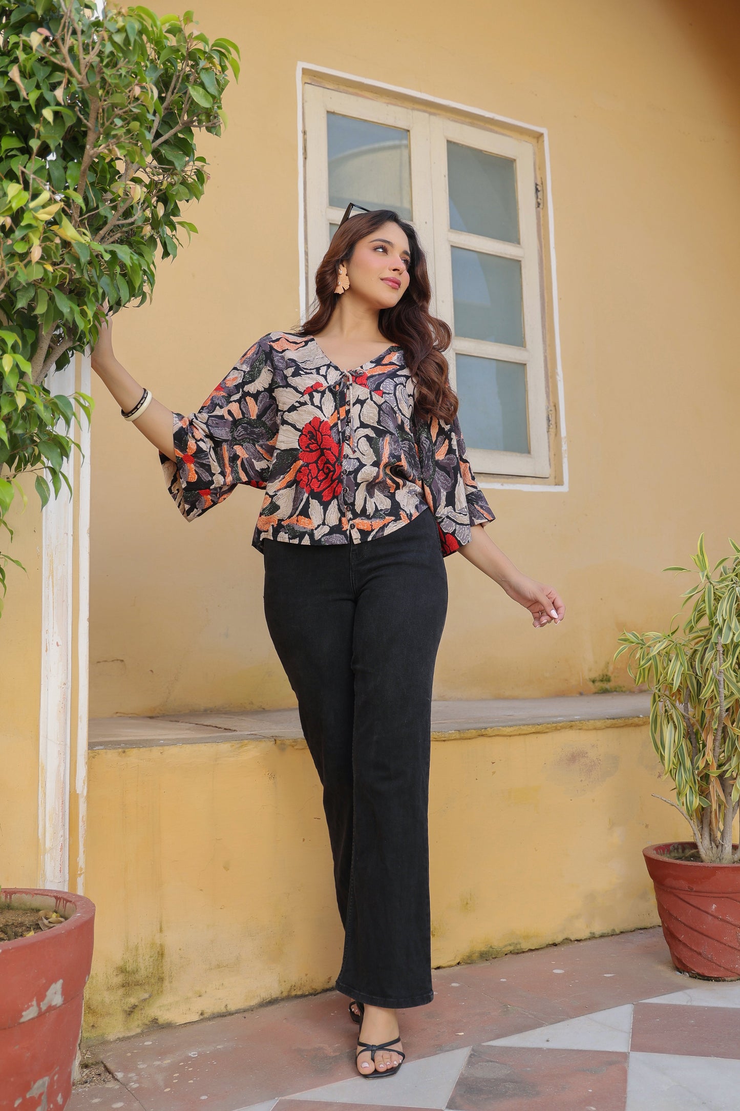 Floral Print Extended Sleeves Kaftan Top