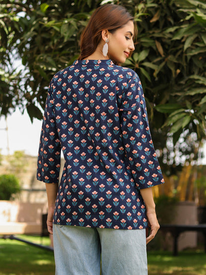 Women Ethnic Motifs Mandarin Collar Pure Cotton Top