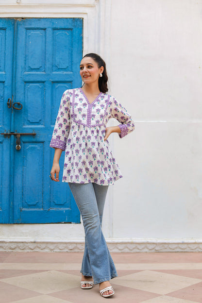 Women Floral Printed V-Neck A-Line Cotton Top