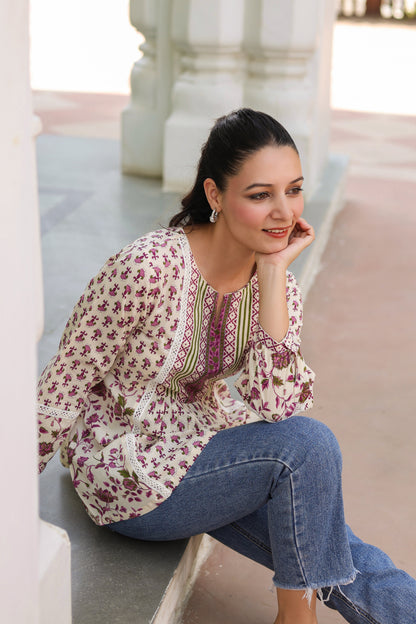 Women Floral Printed Cotton Peplum Top