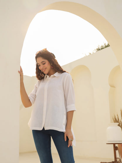 Shirt Collar Cuffed Sleeves Cotton Top