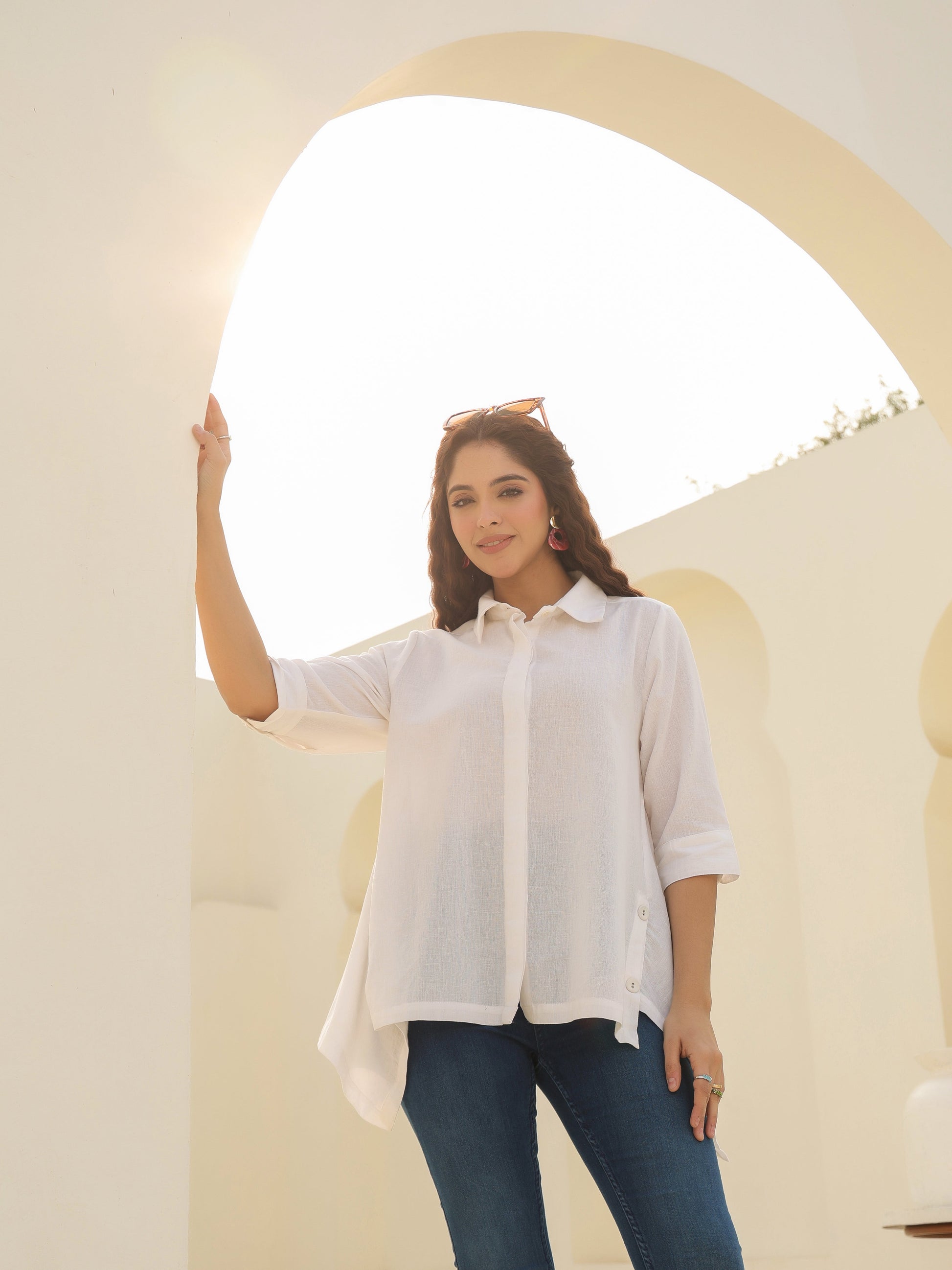 Shirt Collar Cuffed Sleeves Cotton Top
