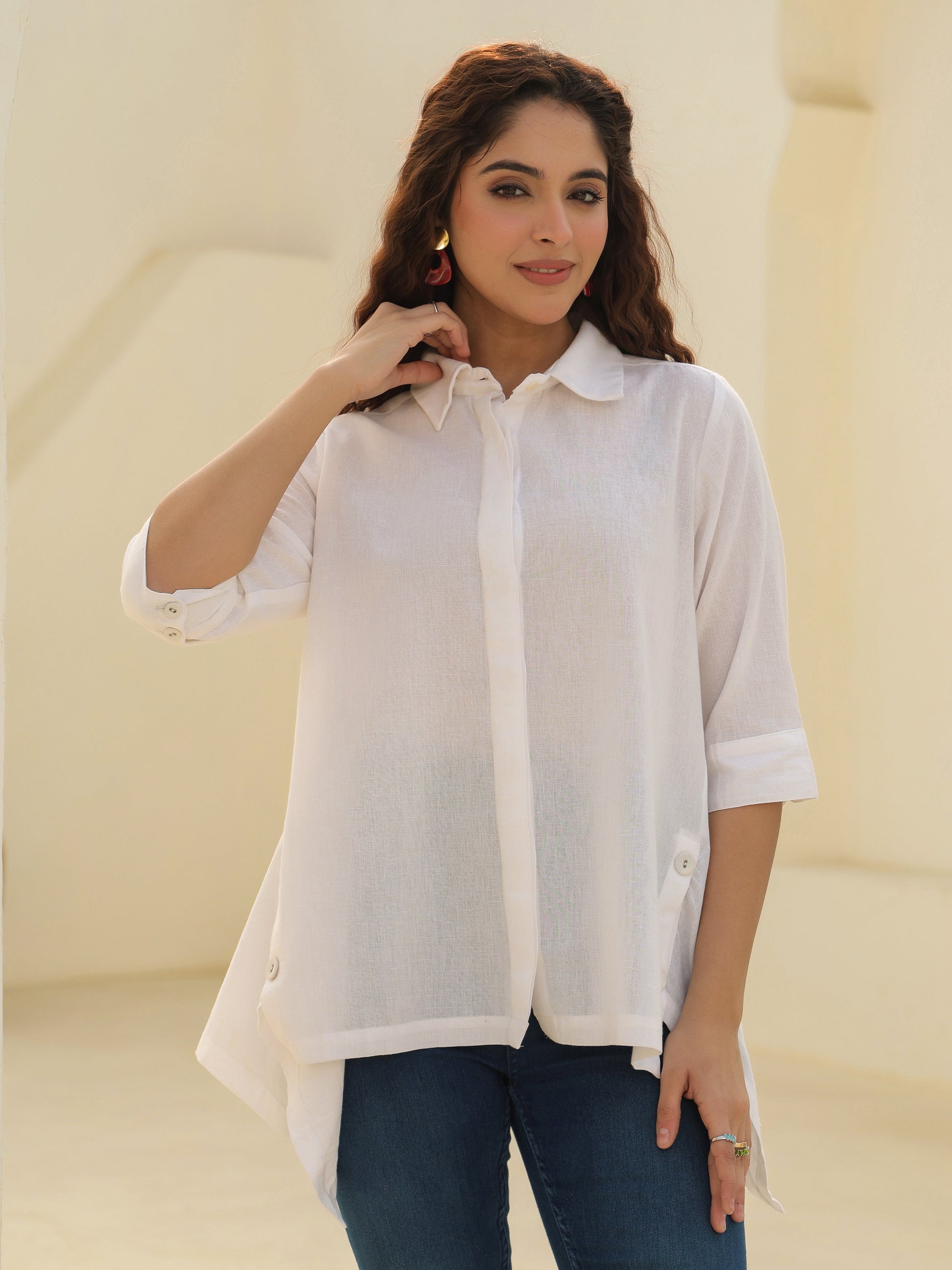 Shirt Collar Cuffed Sleeves Cotton Top