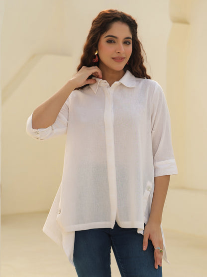 Shirt Collar Cuffed Sleeves Cotton Top
