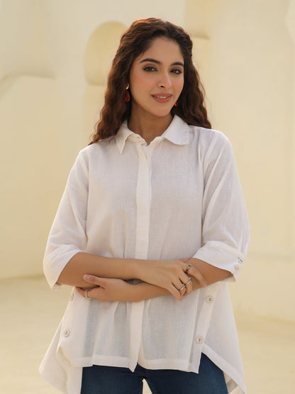 Shirt Collar Cuffed Sleeves Cotton Top