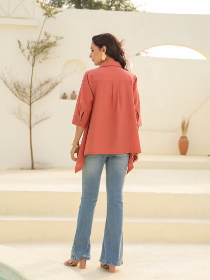 Women Solid Peach Shirt Collar Pure Cotton Top
