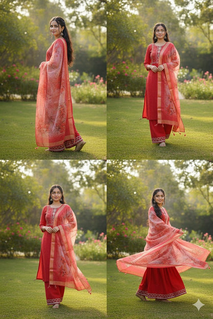 Red Embroidery Silk Kurti With Digital Print For Women & Girls
