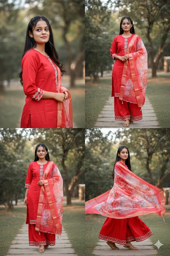 Red Embroidery Silk Kurti With Digital Print For Women & Girls