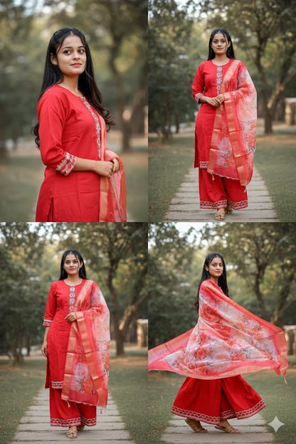 Red Embroidery Silk Kurti With Digital Print For Women & Girls