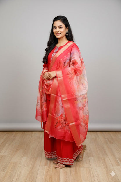 Red Embroidery Silk Kurti With Digital Print For Women & Girls