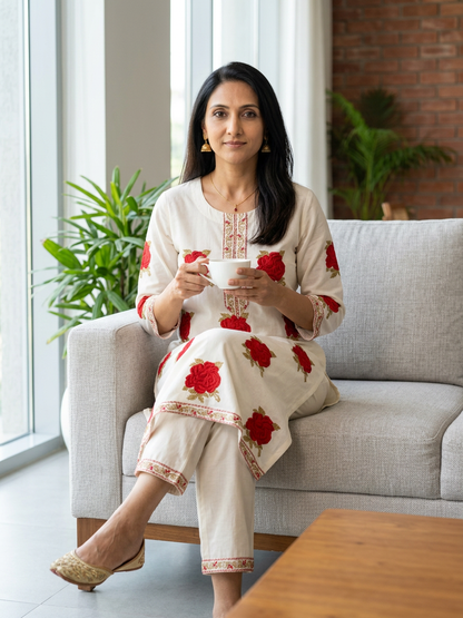 Red Floral Butta Premium Cotton Kurta