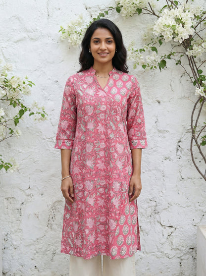 Pink Cotton Blooming Lace Kurta
