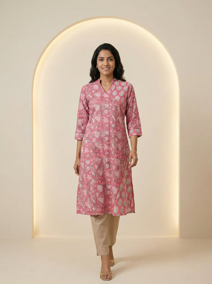 Pink Cotton Blooming Lace Kurta