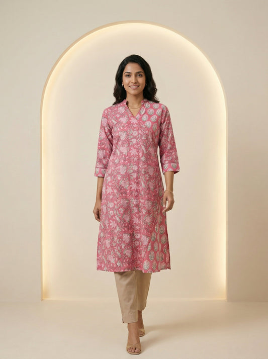 Pink Cotton Blooming Lace Kurta
