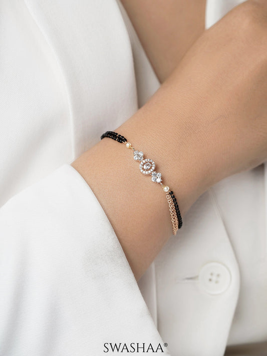 Sakhi Sparkling Diamonds Flower Charm Double Layered Rosegold Plated Mangalsutra Bracelet