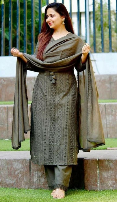 Premium Olive Green Embroidered Kurti Pant Dupatta Set