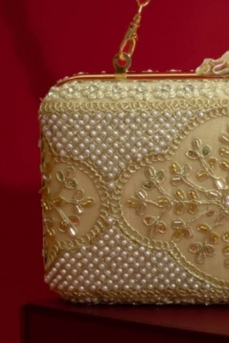 Sehra Pearl Embroidered Clutch - Beige