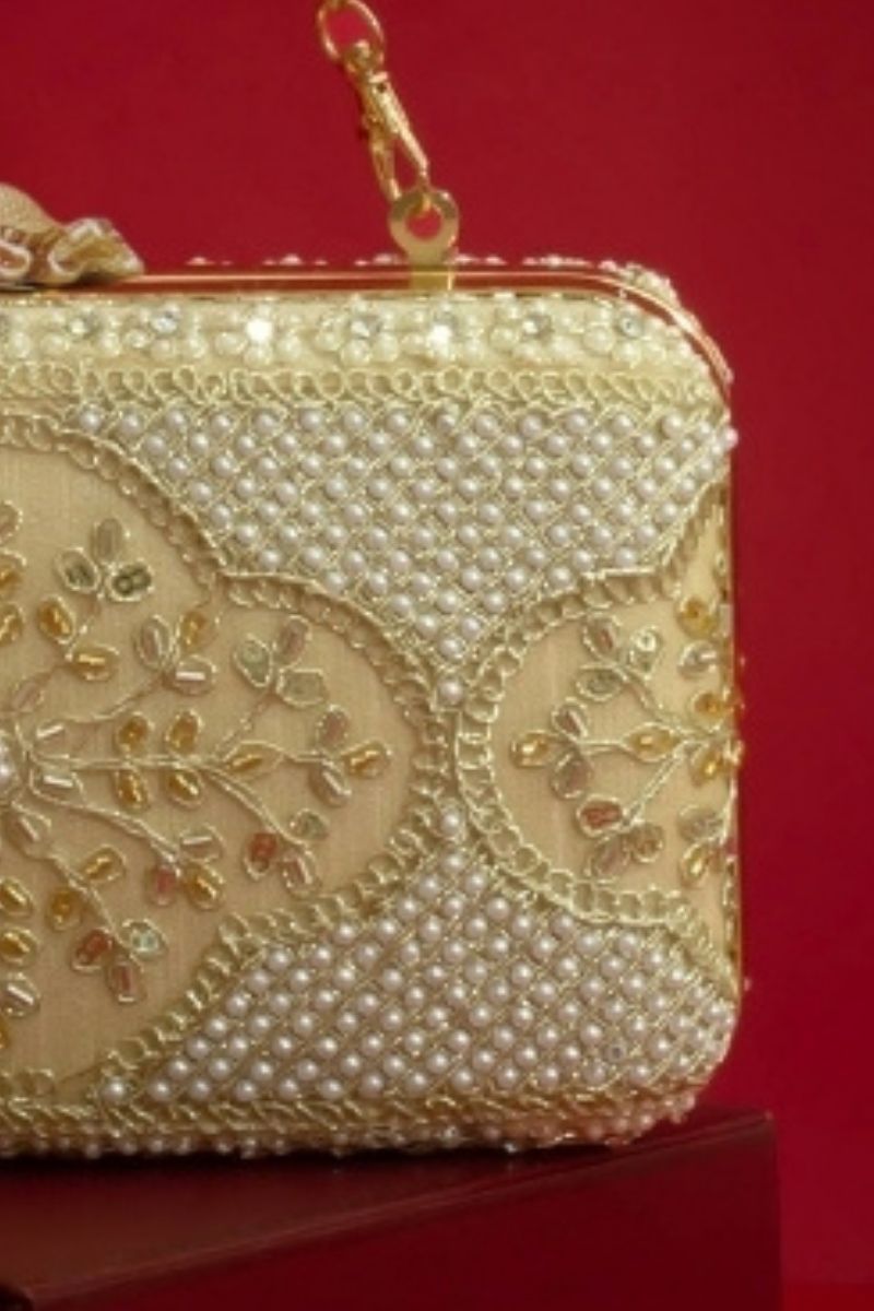 Sehra Pearl Embroidered Clutch - Beige