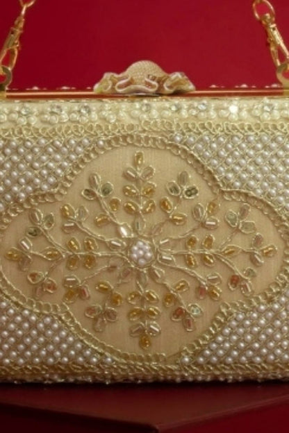 Sehra Pearl Embroidered Clutch - Beige
