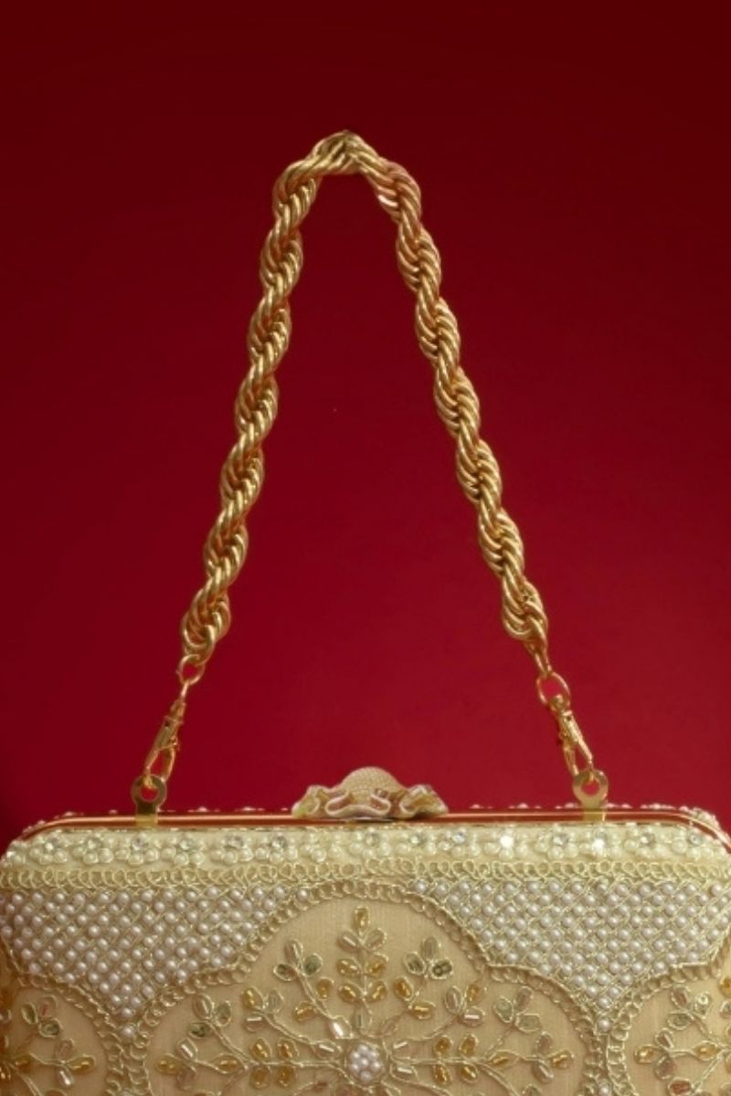 Sehra Pearl Embroidered Clutch - Beige