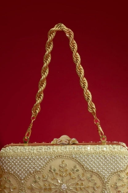 Sehra Pearl Embroidered Clutch - Beige
