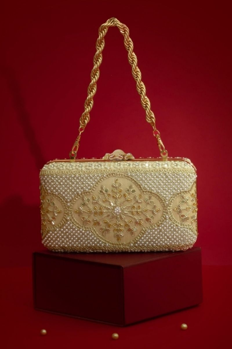 Sehra Pearl Embroidered Clutch - Beige