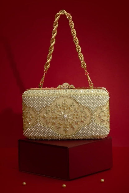 Sehra Pearl Embroidered Clutch - Beige