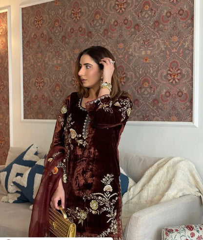 Sequence Embroidery Work Winter Special Velvet Kurti Pant Dupatta Set (Ready to Wear) Ethenika.com