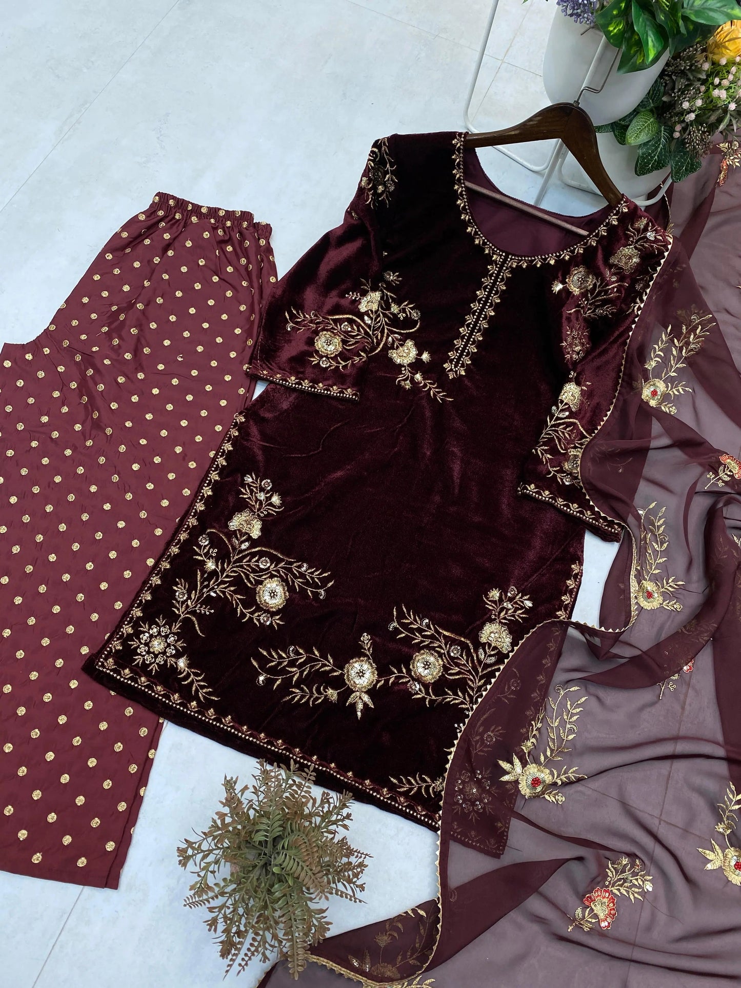 Sequence Embroidery Work Winter Special Velvet Kurti Pant Dupatta Set (Ready to Wear) Ethenika.com