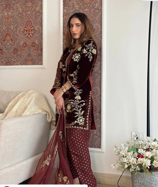 Sequence Embroidery Work Winter Special Velvet Kurti Pant Dupatta Set (Ready to Wear) Ethenika.com