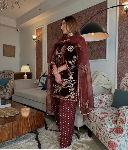 Sequence Embroidery Work Winter Special Velvet Kurti Pant Dupatta Set (Ready to Wear) Ethenika.com