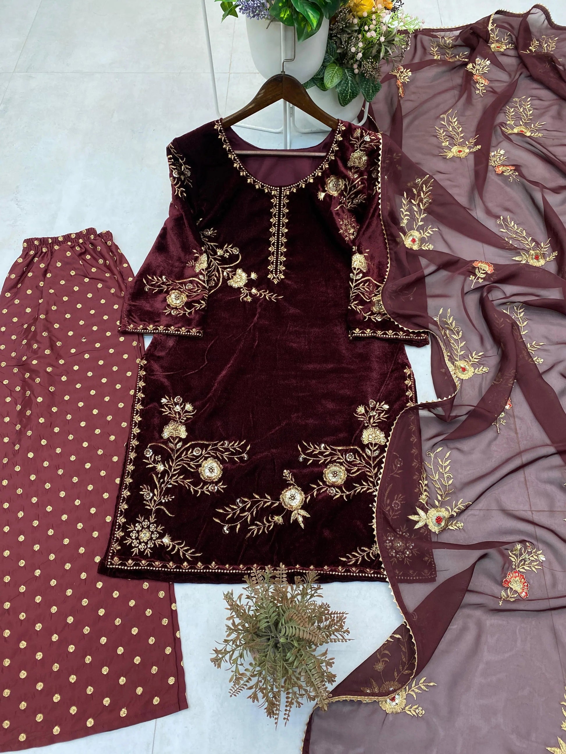Sequence Embroidery Work Winter Special Velvet Kurti Pant Dupatta Set (Ready to Wear) Ethenika.com