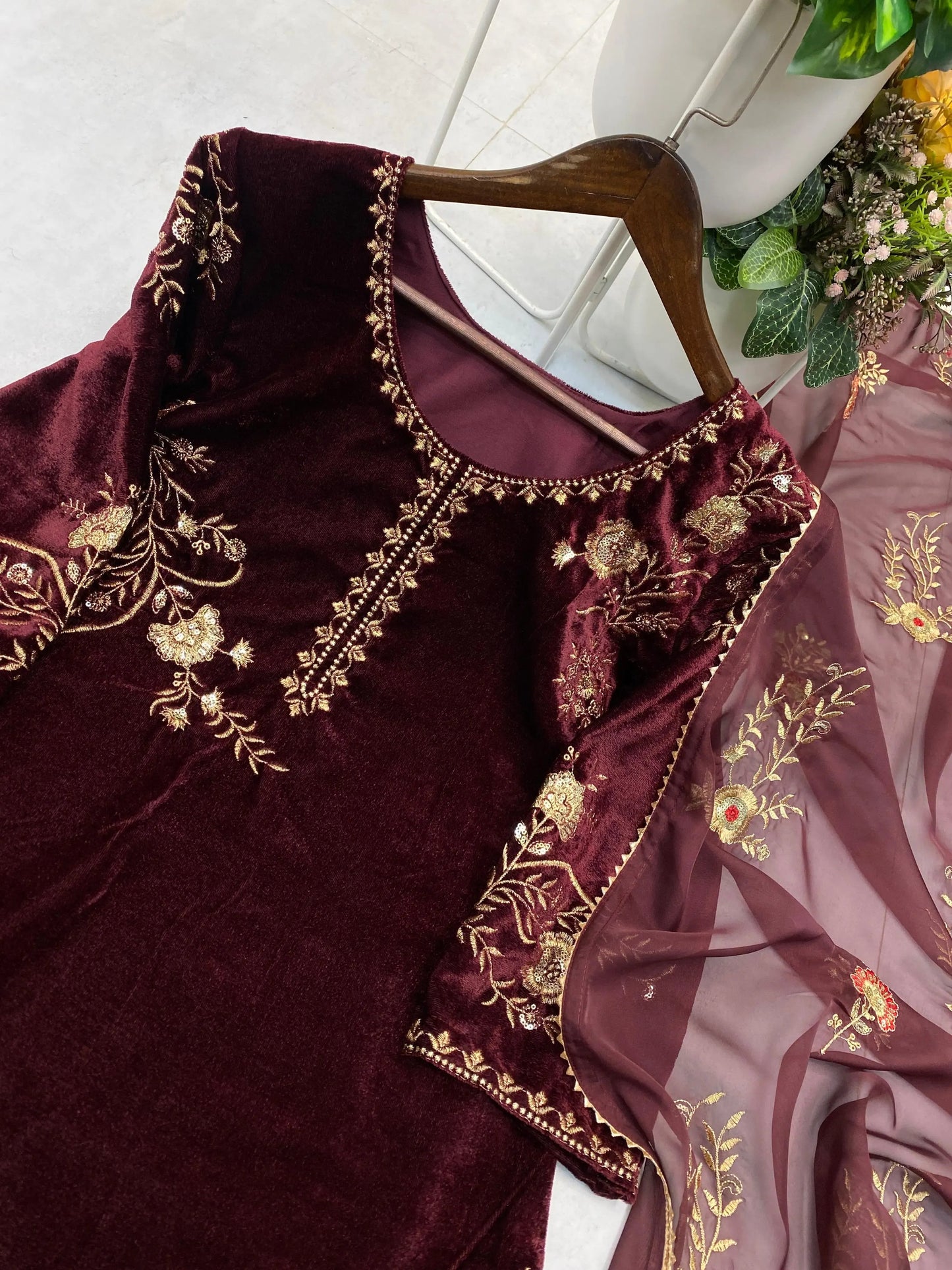 Sequence Embroidery Work Winter Special Velvet Kurti Pant Dupatta Set (Ready to Wear) Ethenika.com