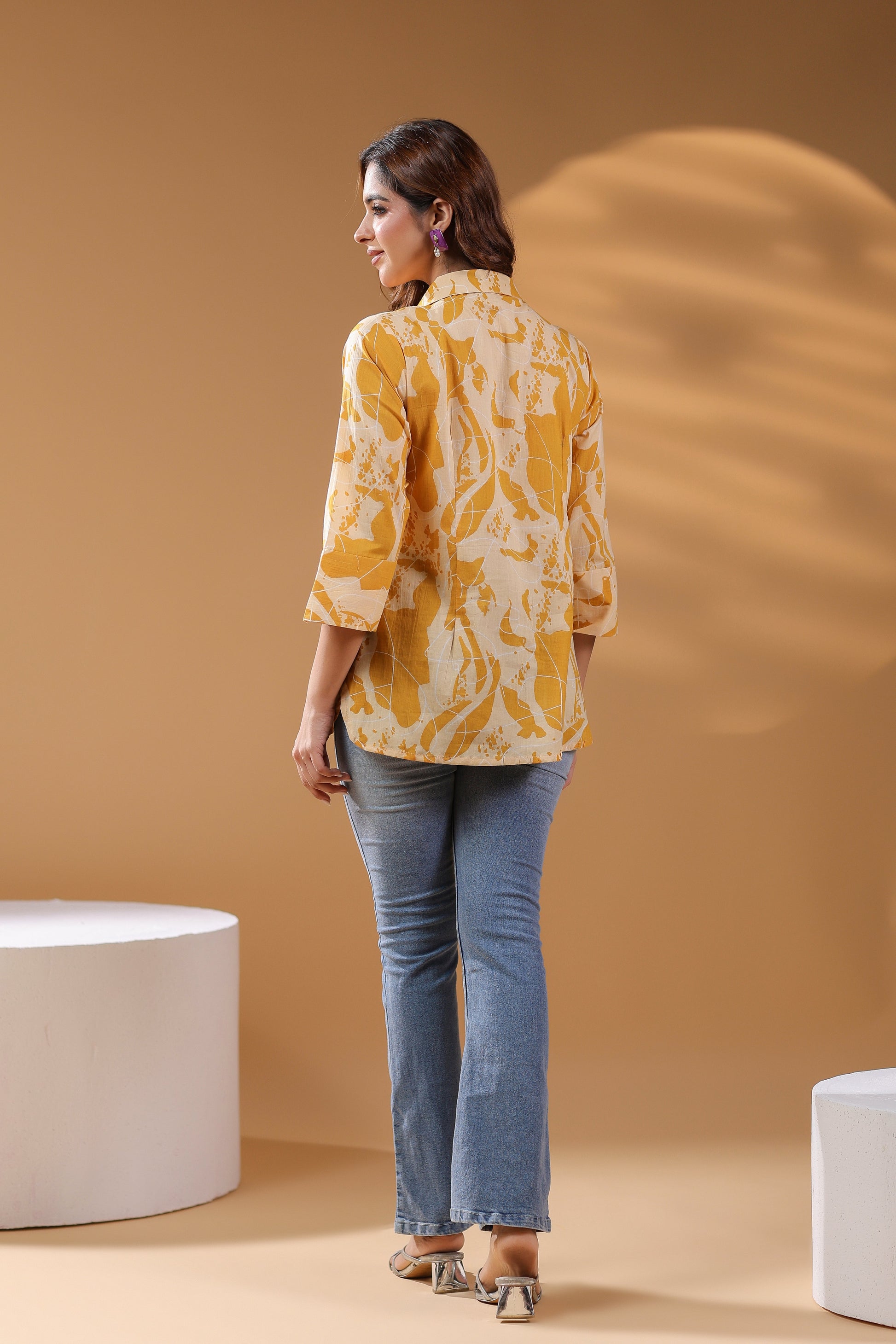 Shirt Collar Printed Cotton Top