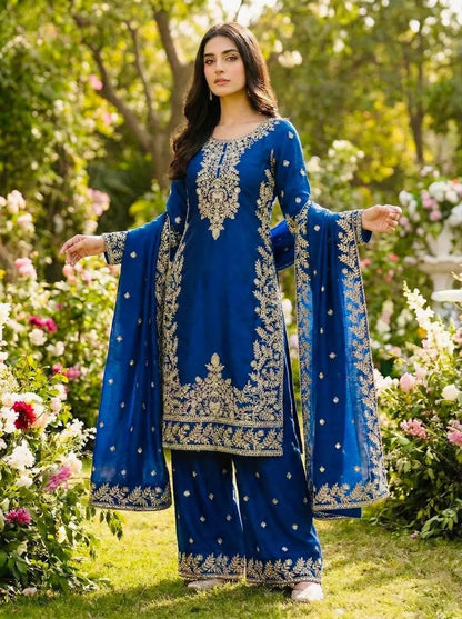 Silk Sequence Embroidery Work Designer Kurti Pant Dupatta Set Ethenika.com