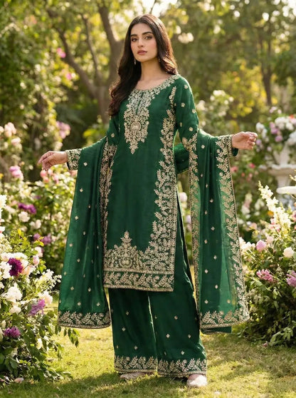 Silk Sequence Embroidery Work Designer Kurti Pant Dupatta Set Ethenika.com