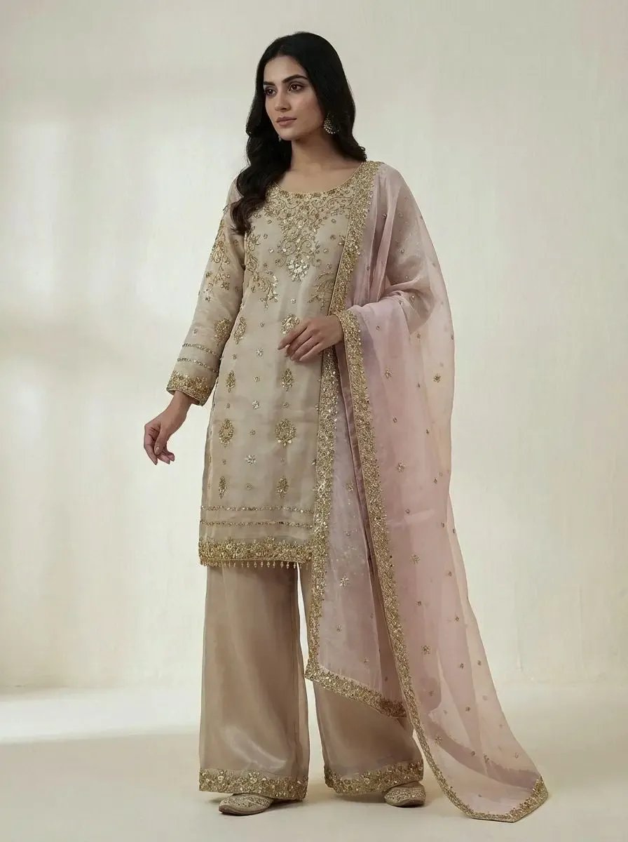 Silk Sequence Embroidery Work Designer Kurti Pant Dupatta Set Ethenika.com