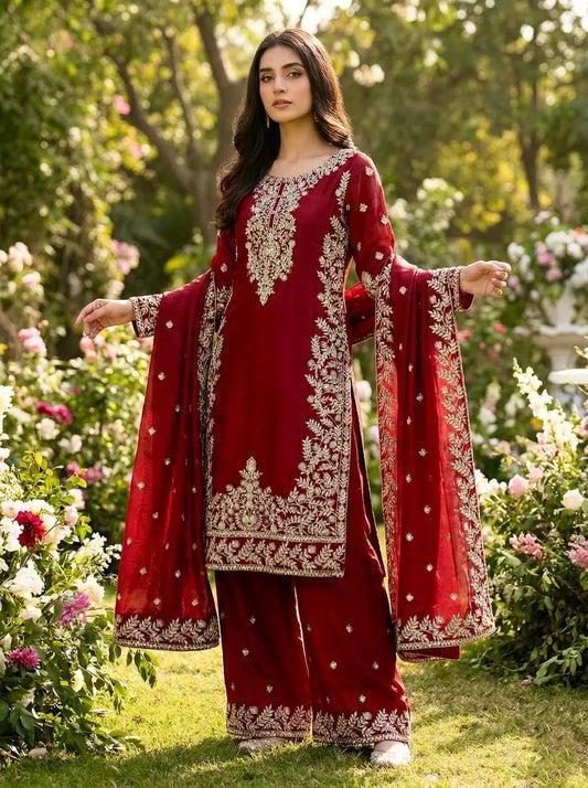 Silk Sequence Embroidery Work Designer Kurti Pant Dupatta Set Ethenika.com