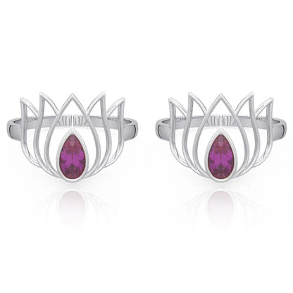 92.5 Sterling Silver Lotus Toe ring with Pink stone