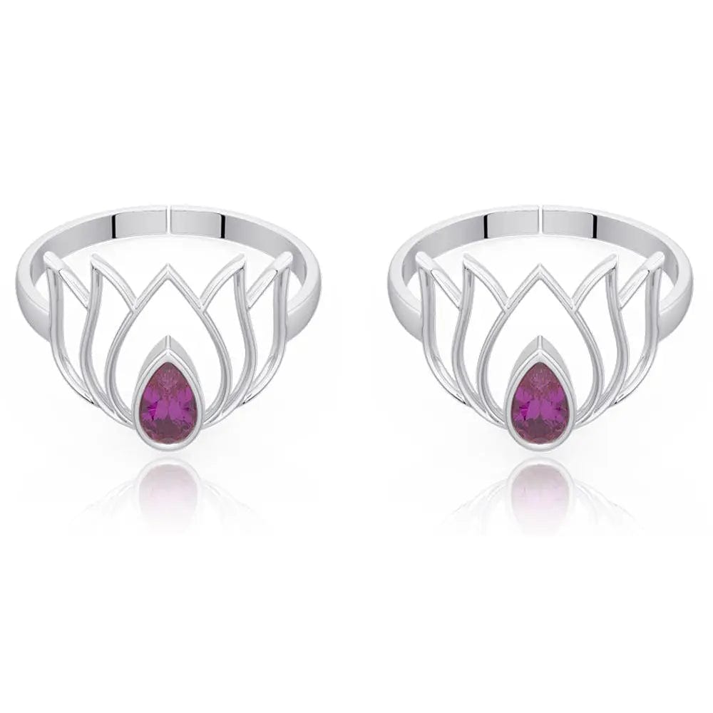 92.5 Sterling Silver Lotus Toe ring with Pink stone