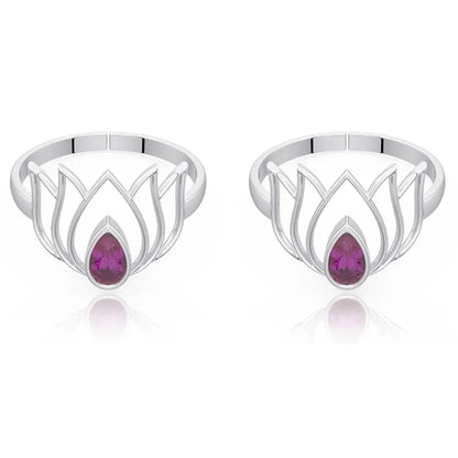 92.5 Sterling Silver Lotus Toe ring with Pink stone