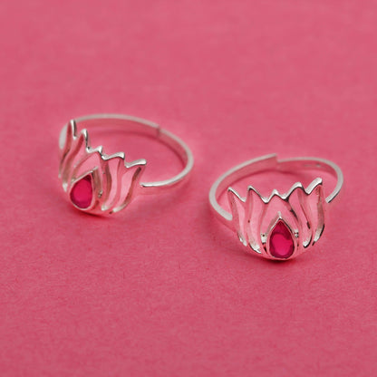 92.5 Sterling Silver Lotus Toe ring with Pink stone
