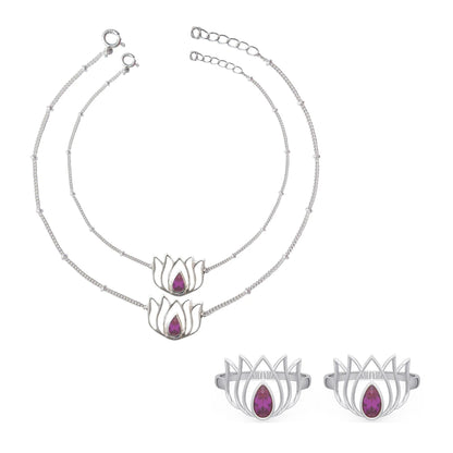 92.5 Sterling Silver Lotus Toe ring with Pink stone