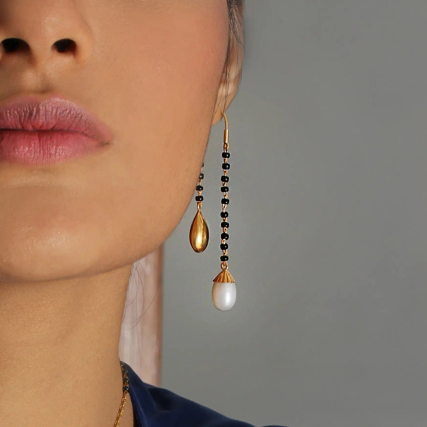 Silver Pearl And Gold Drop Mangalsutra Earrings
