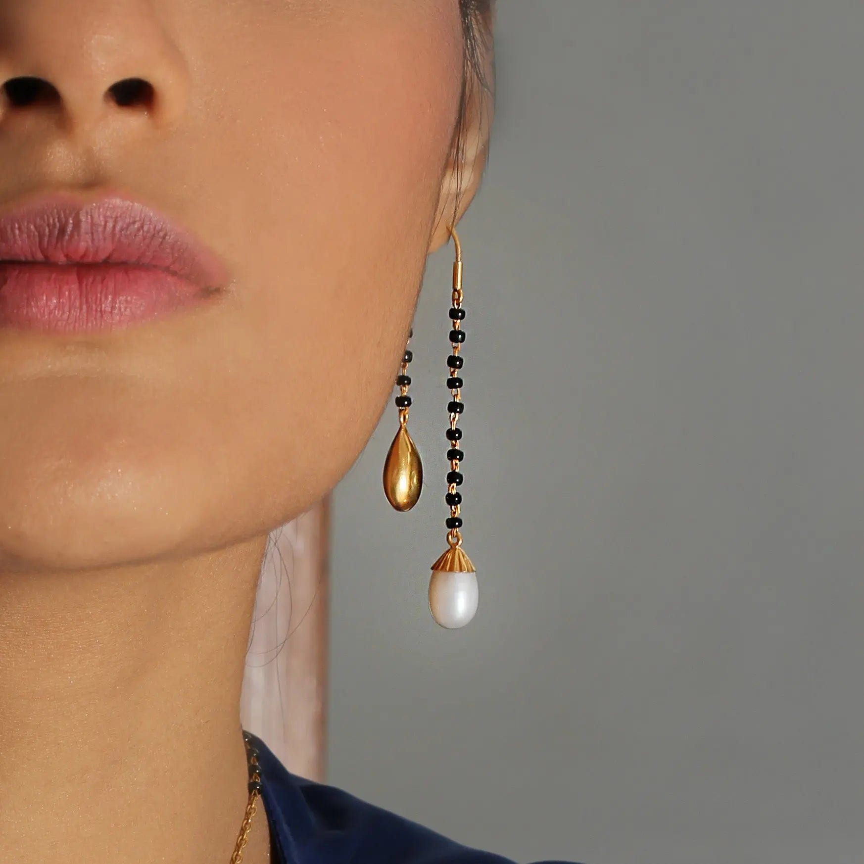 Silver Pearl And Gold Drop Mangalsutra Earrings