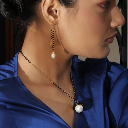 Silver Pearl And Gold Drop Mangalsutra Earrings