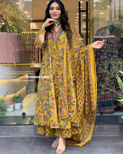 Women's Printed Cotton Anarkali Kurta & Pant With Dupatta Set